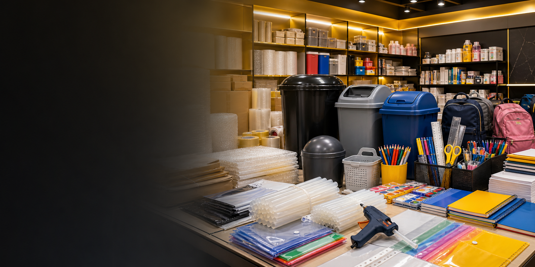 Imported general merchandise including plastic trash bins, glue gun sticks, plastic envelopes, and school supplies